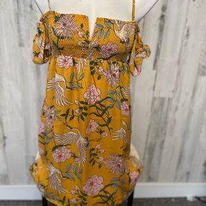 Love Tree Mustard Yellow Oriental Crane Floral Cold-Shoulder Mini Dress Size S
